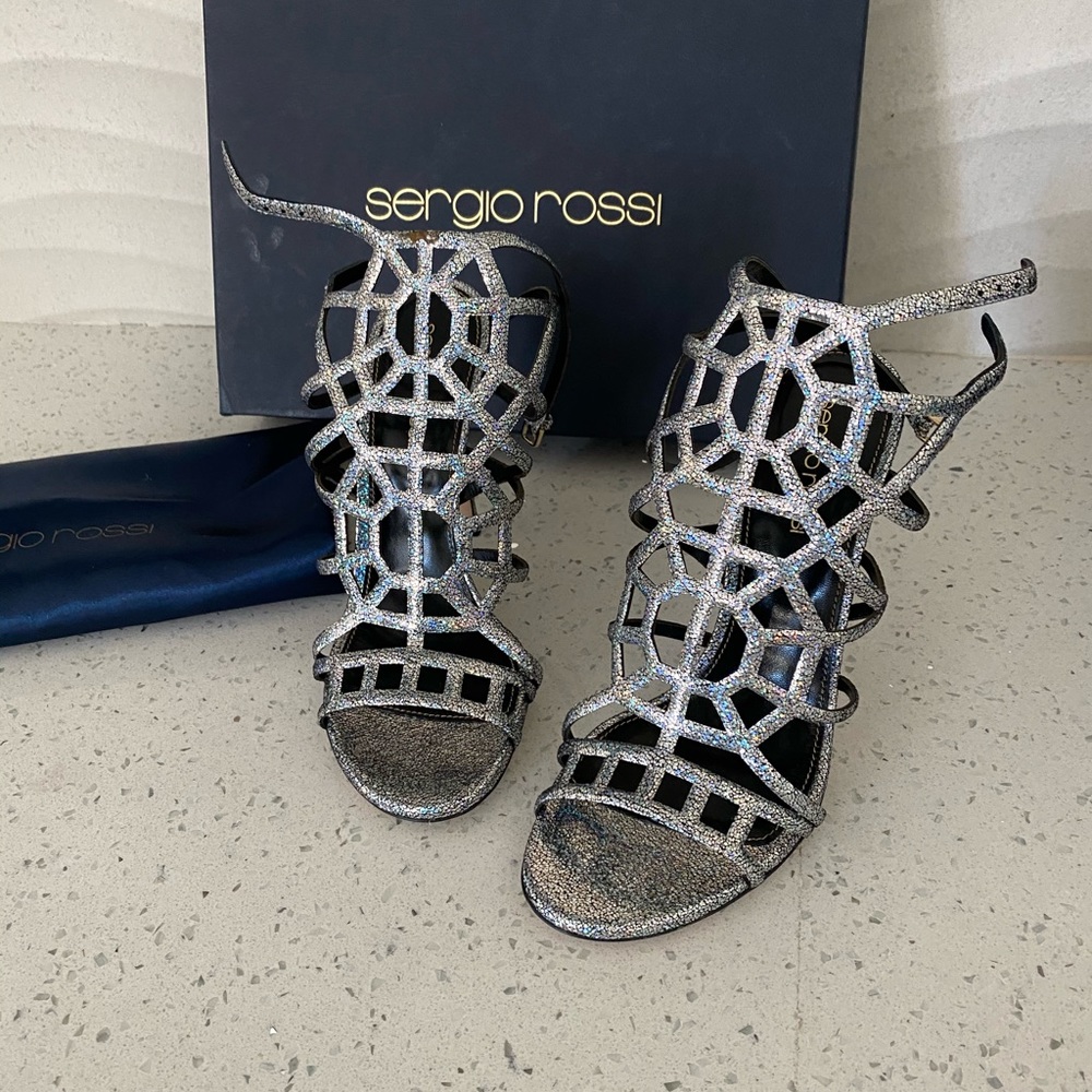 New Sergio Rossi silver puzzle sandals